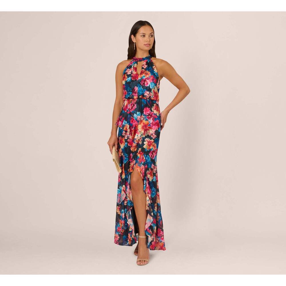Adrianna Papell Floral Printed Halter Mermaid Gown With Ruffle Details In Navy